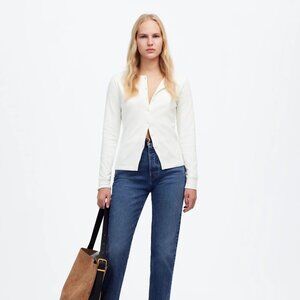 Madewell Ribbed Button-Front Cardigan in Eyelet White, Size XXS